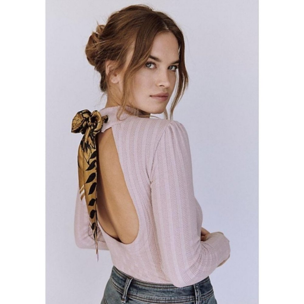 NEW Free People Party In The Back Lilac Open Back Scarf Long Sleeve Top MEDIUM